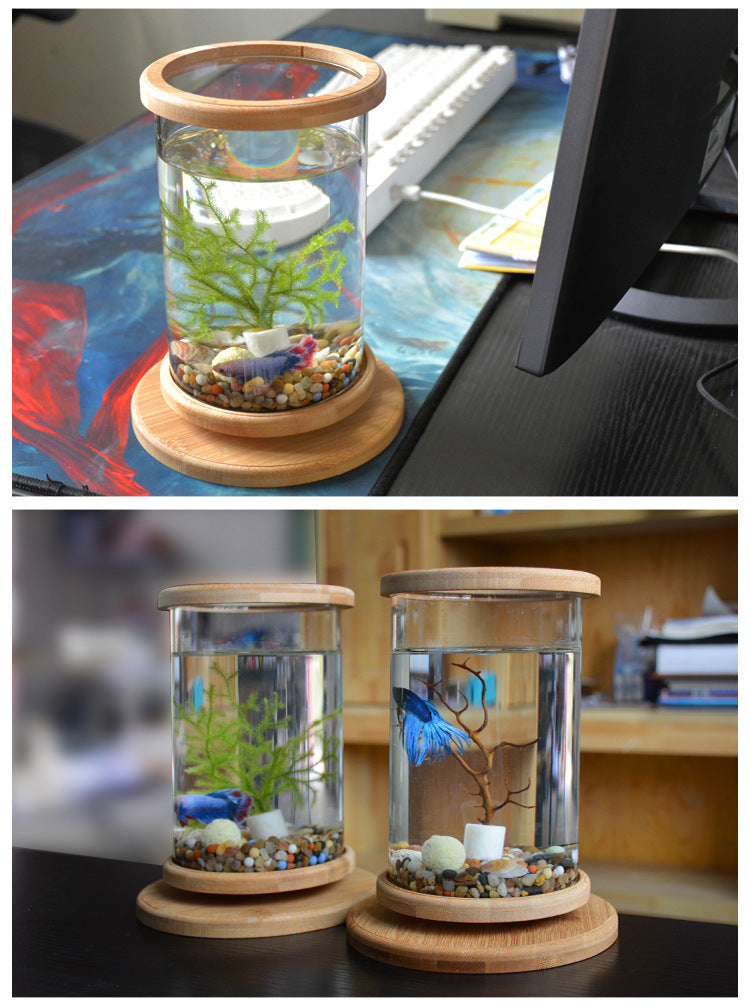 Small Office Glass Aquarium Bamboo Base Mini Fish