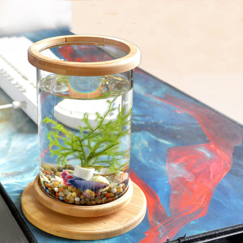 Small Office Glass Aquarium Bamboo Base Mini Fish