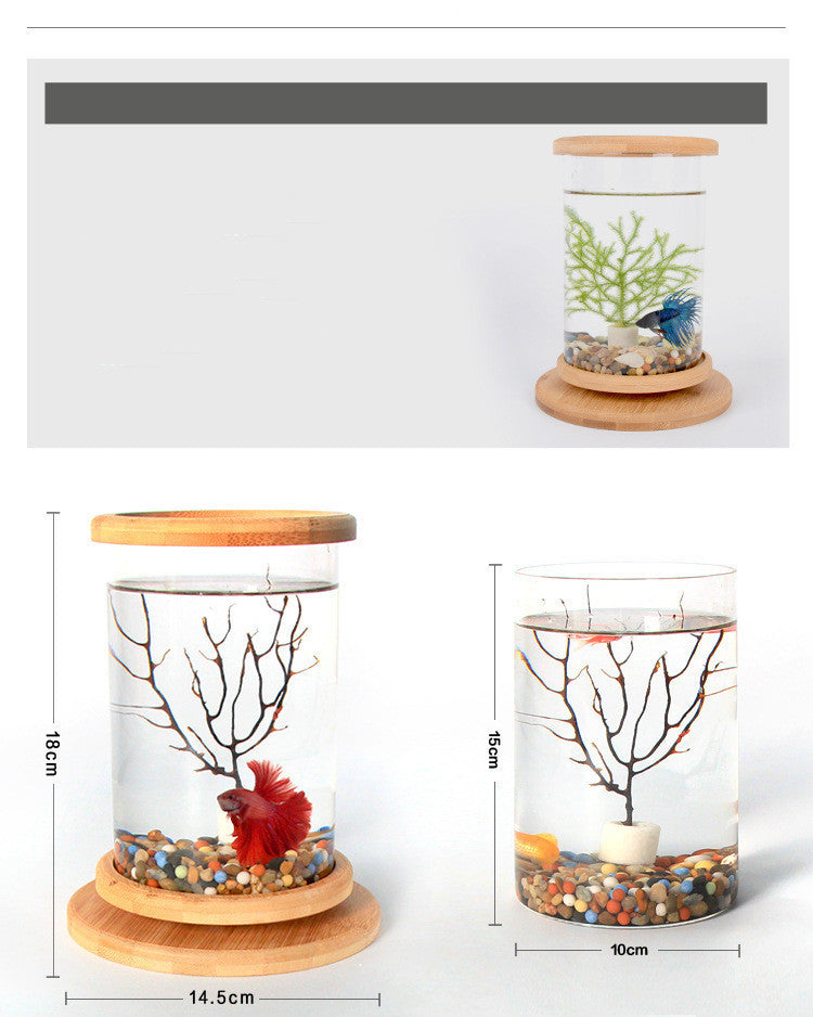 Small Office Glass Aquarium Bamboo Base Mini Fish