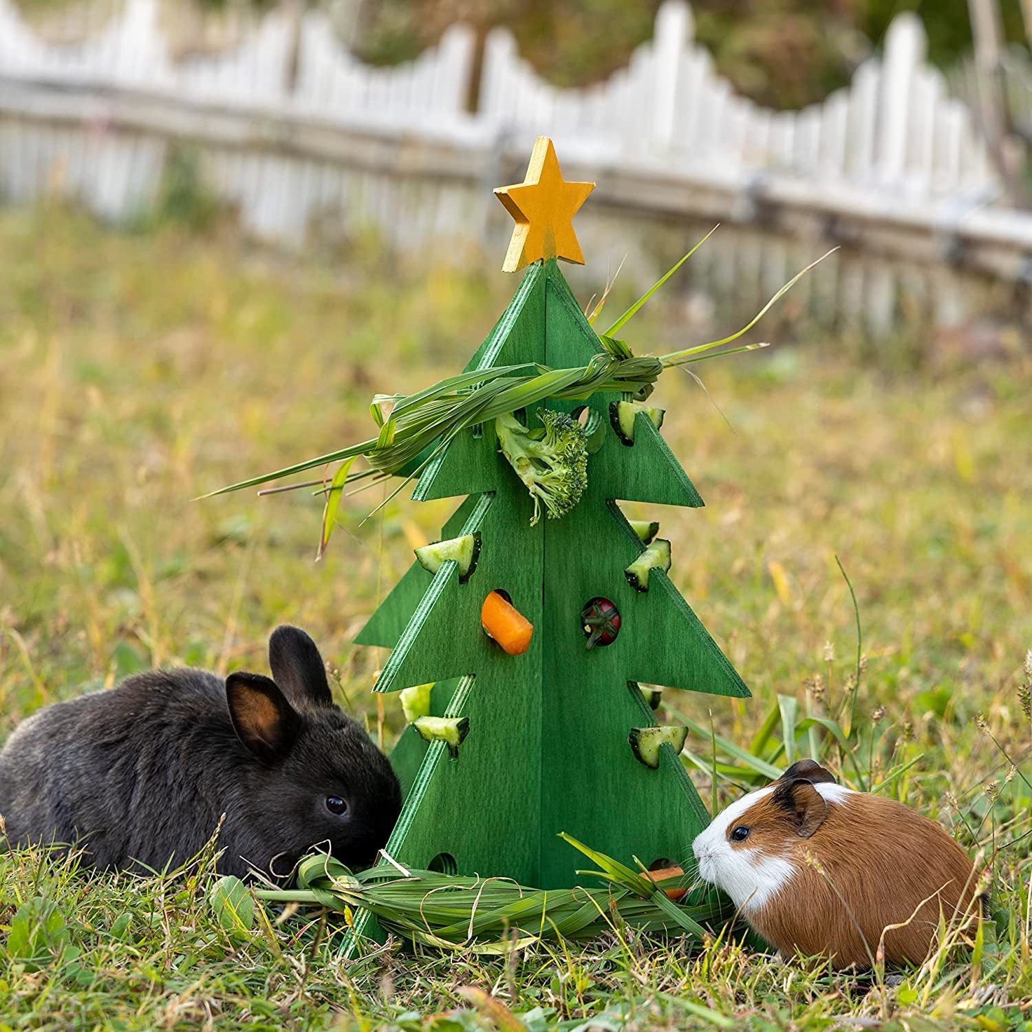 Christmas Tree Rabbit Feeder Wooden Guinea